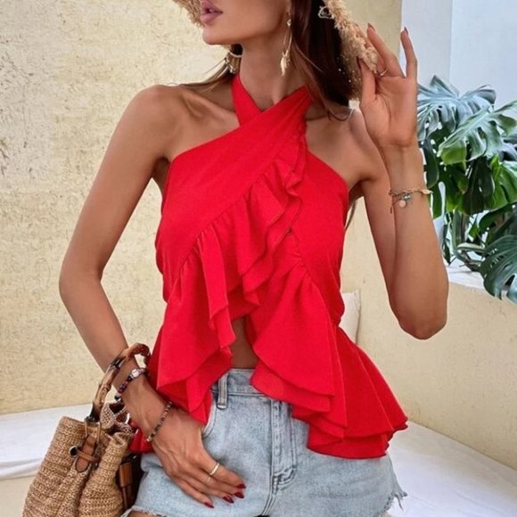RED BOHO VIBES Ruffle Hem Halter Shirred Back Blouse Top - Picture 3 of 7